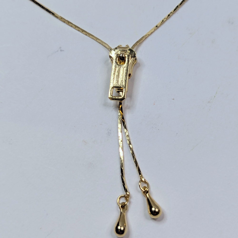 Elegant Vintage 70s Gold Zipper Lariat Pendant Necklace Teardrop Charms Jewelry